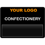 A black plastic Write & Wipe stand with a logo, description, and a tag on it showing 'Your Logo' and 'confectionery' plastic insert