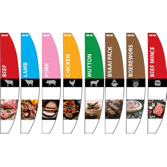 A selection of black retail shelf dividers with various food category labels such as Chicken, Pork, Lamb, Beef, Sausage & Mince, Fruit, and Dairy.