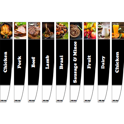 A selection of black retail shelf dividers with various food category labels such as Chicken, Pork, Lamb, Beef, Sausage & Mince, Fruit, and Dairy.