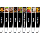 A selection of black retail shelf dividers with various food category labels such as Chicken, Pork, Lamb, Beef, Sausage & Mince, Fruit, and Dairy.