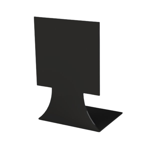 A glossy black ABS plastic deli label stand with a 100mm x 100mm display face.