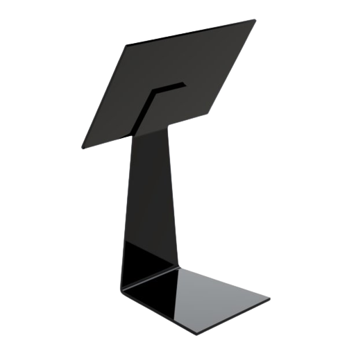 Back view of a black plastic label holder stand designed to slide under a food tray, with a sqaure label face.