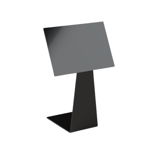 Angled side view of a black plastic label holder stand designed to slide under a food tray, with a sqaure label face.