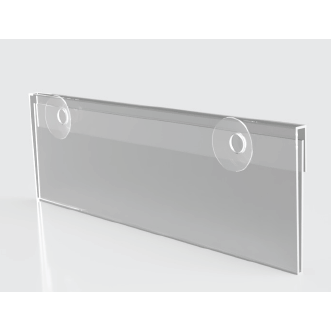 A clear acrylic stack card holder with suction cups designed for shelf edge display.