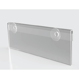 A clear acrylic stack card holder with suction cups designed for shelf edge display.