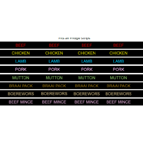 A selection of black fridge strip inserts with different meat labels such as Beef, Chicken, Lamb, Pork, Mutton, and Boerewors in a grid layout.