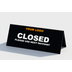 A double-sided, black till closed tent stand with a placeholder for a logo and the text 'CLOSED PLEASE USE NEXT PAYPOINT' printed on it.