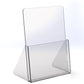 Angle to the right clear acrylic free-standing brochure holder on a white background.