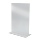 slightly angled clear acrylic T-menu stand with a stable base, designed to hold signs or menus double-sided.