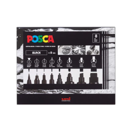 Packaging of Posca markers with black ink and various tips on a white background