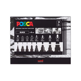 Packaging of Posca markers with black ink and various tips on a white background