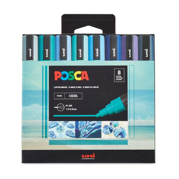 Packaging of Posca markers with a scenic design on a white background