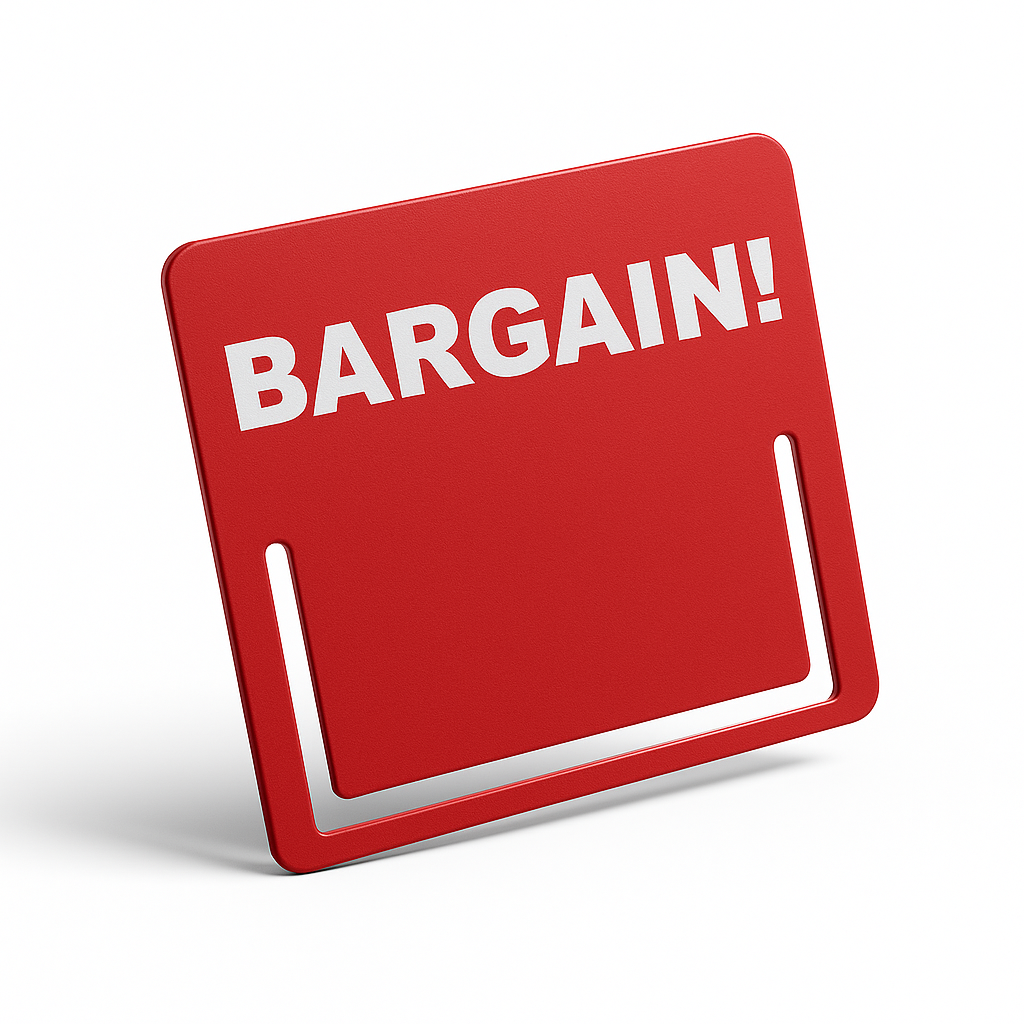 Red shelf-edge insert promo window with ‘BARGAIN!’ text for retail shelf signage.