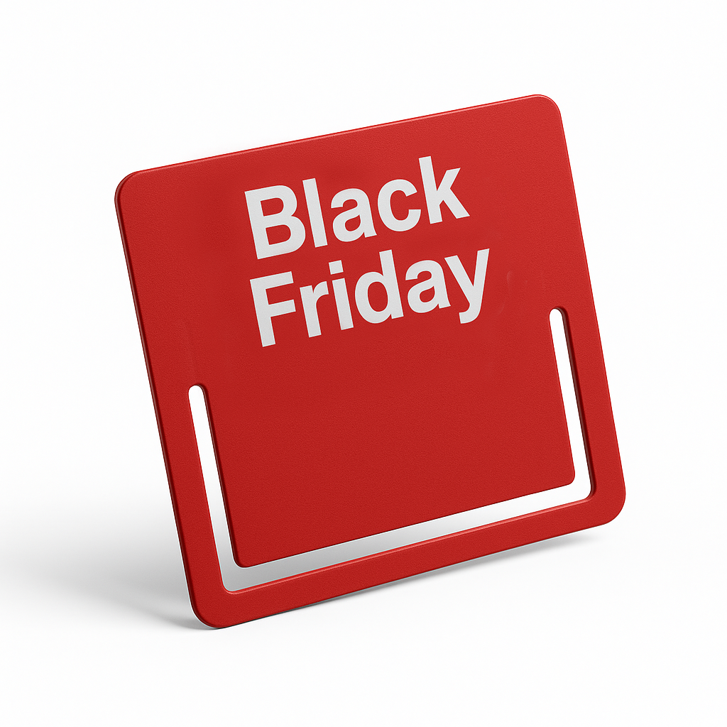 Red shelf-edge insert promo window with ‘Black Friday’ text for retail price displays.