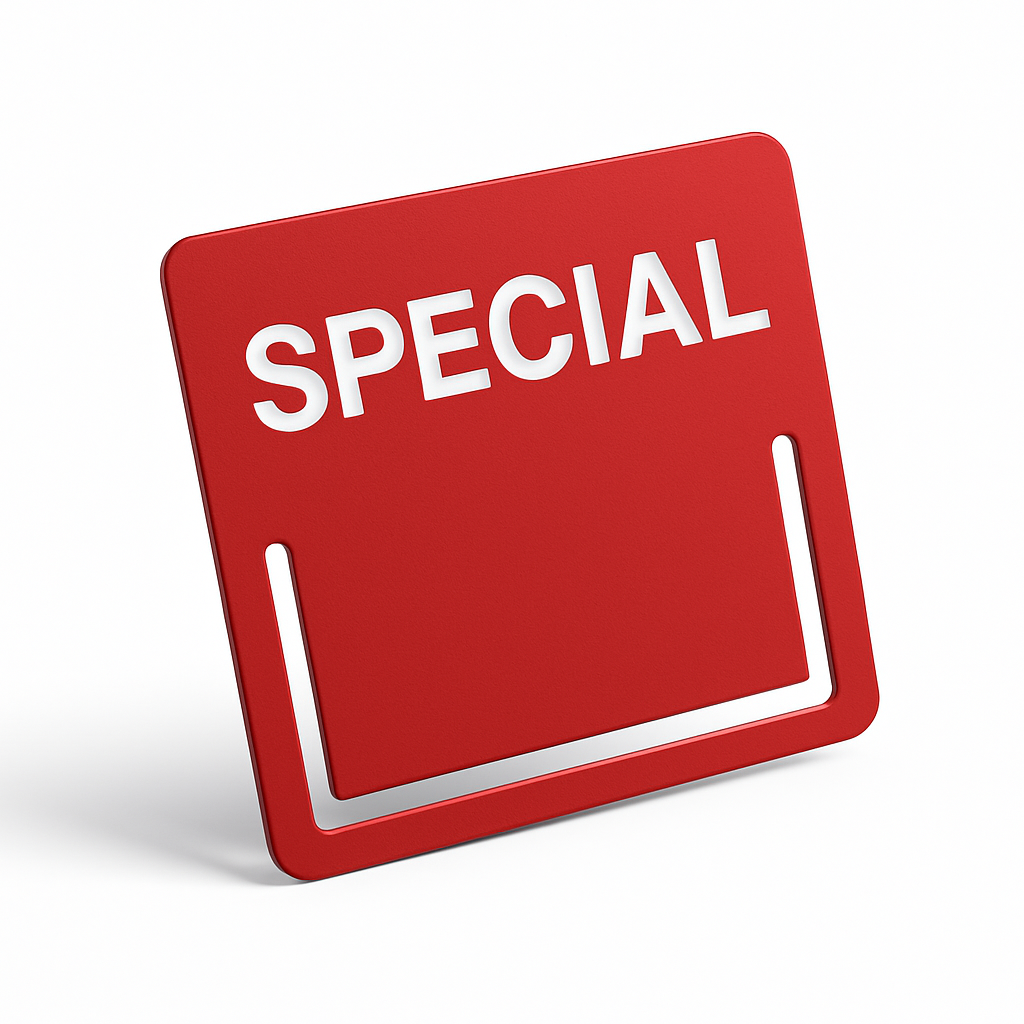 Red shelf-edge insert promo window with ‘SPECIAL’ text for in-store promotions.