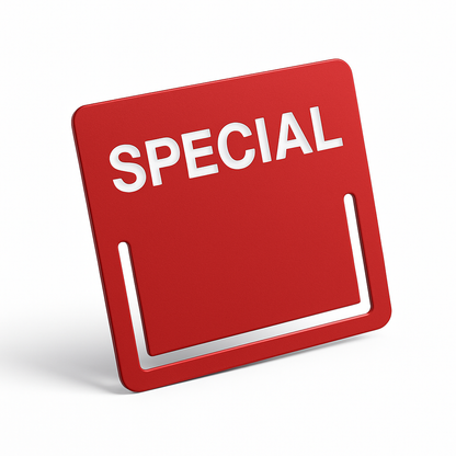 Red shelf-edge insert promo window with ‘SPECIAL’ text for in-store promotions.