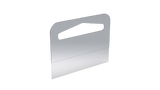 A clear plastic hangtab with a peel-and-stick adhesive design, intended for displaying products on peg hooks or shelves.