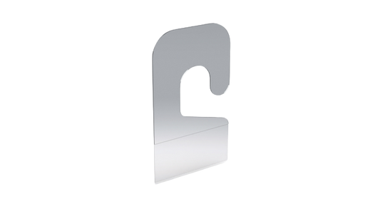 A clear plastic hangtab with a peel-and-stick adhesive design, intended for displaying products on peg hooks or shelves.