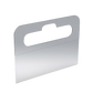 A clear plastic hangtab with a peel-and-stick adhesive design, intended for displaying products on peg hooks or shelves.