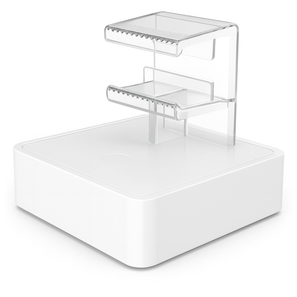 Magnetic Clear acrylic display stand with a white base on a white background