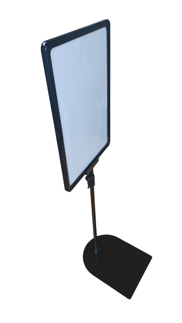 side profile of a adjustable promo stand with an A4 frame and a protective sleeve, displaying a white paper insert 