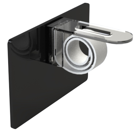 A black universal shelf clip with a write & wipe card holder, designed to attach to shelf edges and wire baskets.