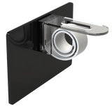 A black universal shelf clip with a write & wipe card holder, designed to attach to shelf edges and wire baskets.