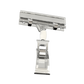 front view of a clear, plastic clip designed to hold sign boards, shown in an isolated fashion on a white background.
