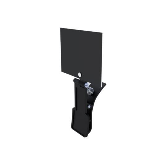 Front view of a black sign holder with a clamp, designed to attach to fruit and veg crates, featuring an A7 board for pricing or promotions.