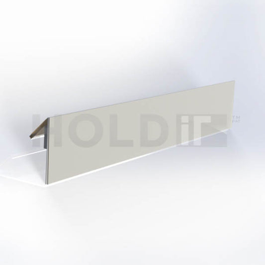 A acrylic shelf label holder with a 45-degree angle design, featuring a vertical orientation for upward-facing shelves.