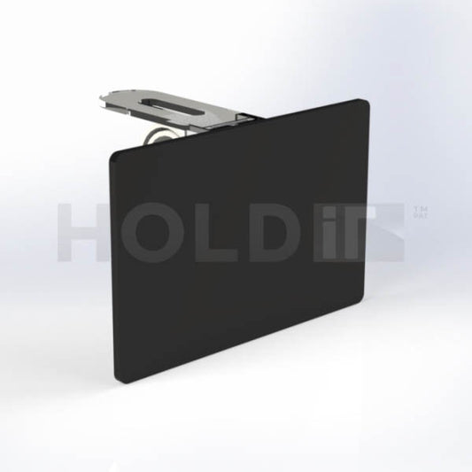 A black universal shelf clip with a write & wipe card holder, designed to attach to shelf edges and wire baskets.