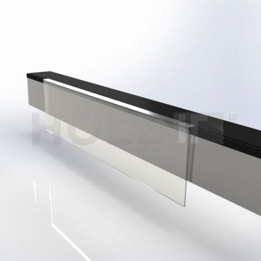 A clear acrylic shelf talker holder with a sleek design, meant for displaying promotional cards or product information in a retail setting.