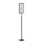 Slightly angled tall freestanding display stand with a frame, made with an aluminum pole and a plastic base, with a sign that reads 'MAXiPOP'.