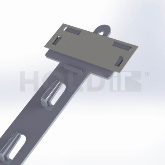 top view of a gray mobile hanging hook display strip with multiple hooks, used for retail merchandise.