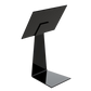 Back view of a black plastic label holder stand designed to slide under a food tray, with a sqaure label face.
