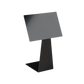 Angled side view of a black plastic label holder stand designed to slide under a food tray, with a sqaure label face.
