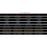 A selection of black fridge strip inserts with different meat labels such as Beef, Chicken, Lamb, Pork, Mutton, and Boerewors in a grid layout.